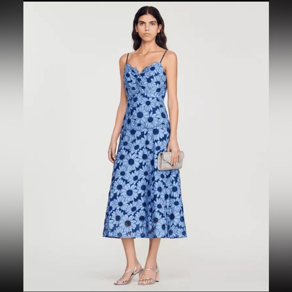 SANDRO Fiby Floral Midi Dress In Blue - Picture 1 of 11